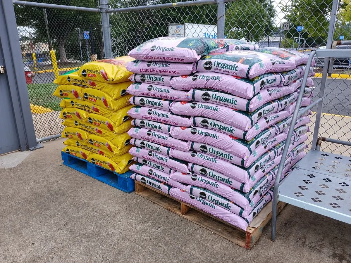 Organic fertilizer bags stacked on pallets