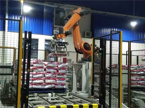 Robot stacking filled bags on a pallet inside guard fencing (illustrative photo)