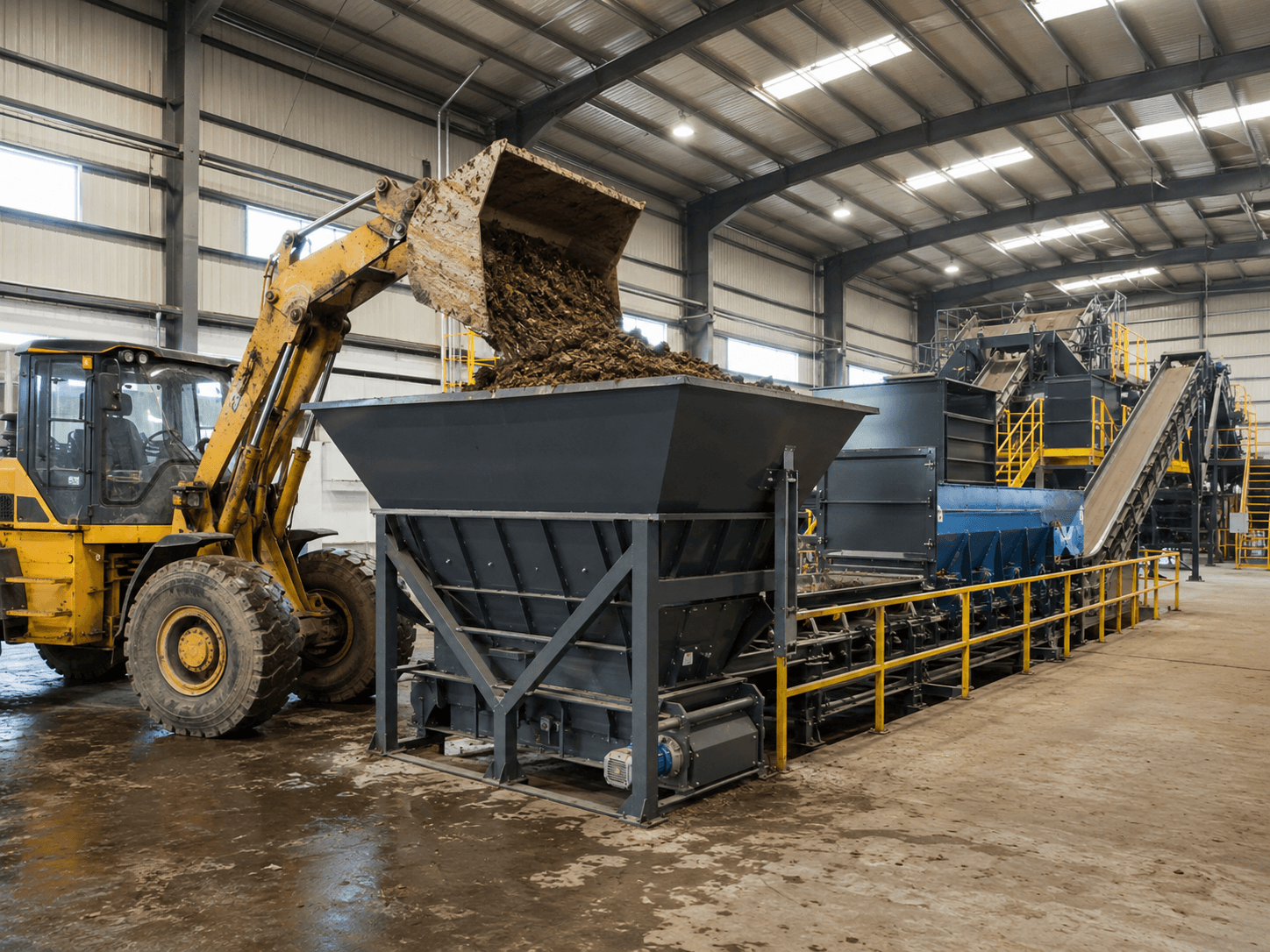 Compost plant where animal waste is loaded into the feed bunker by a loader