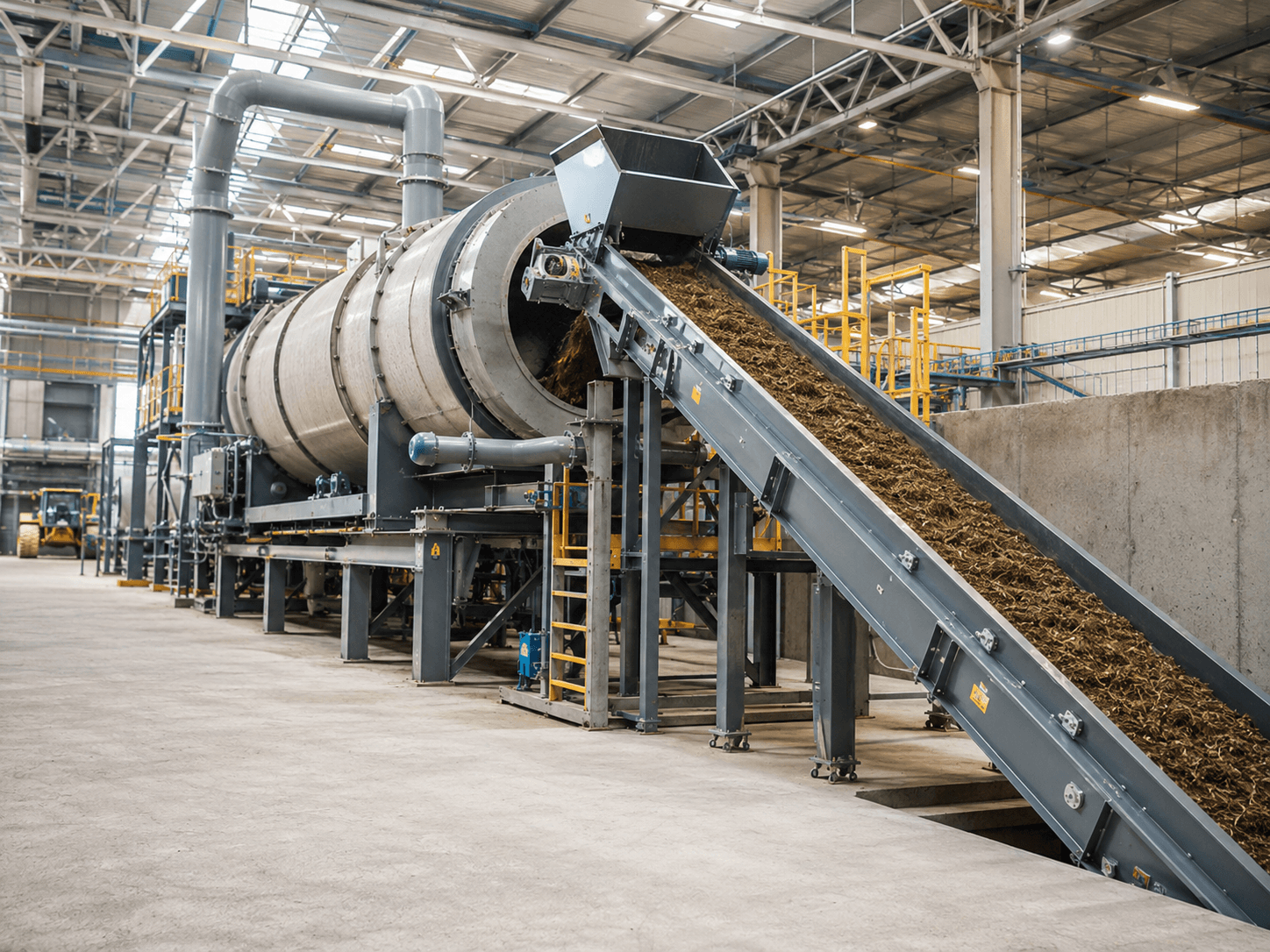 Line processing animal waste compost with a drum and conveyor