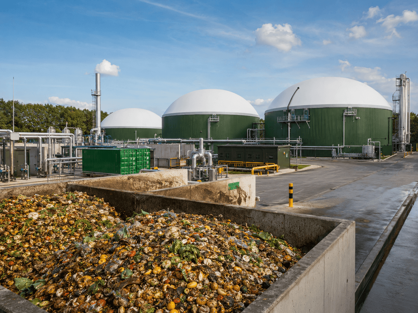 Waste reception area and digesters at a food waste biogas plant